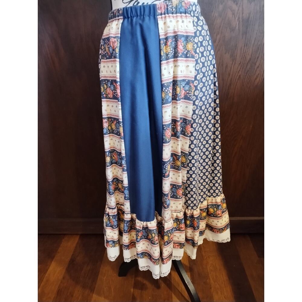 Carefree Fashions Maxi Skirt Womens Large Navy Peasant Prairie lace tiered USA - Picture 2 of 6